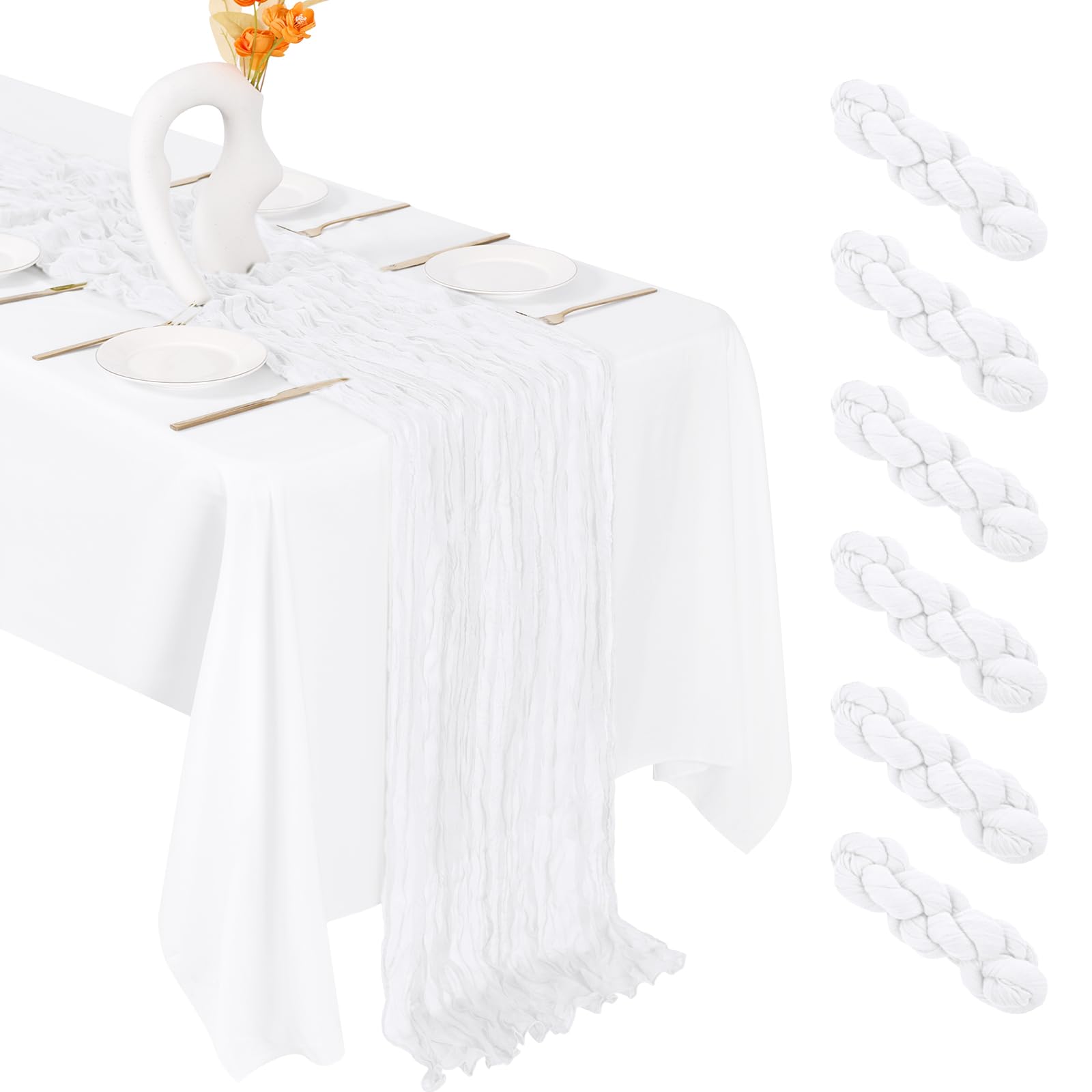 FANTEKE cheesecloth table runner in white drapes gracefully on banquet tables, adding elegant ambience.