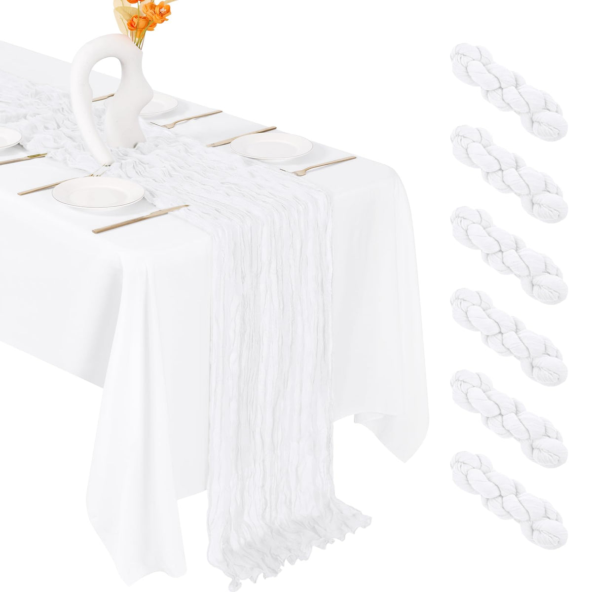 FANTEKE cheesecloth table runner in white drapes gracefully on banquet tables, adding elegant ambience.