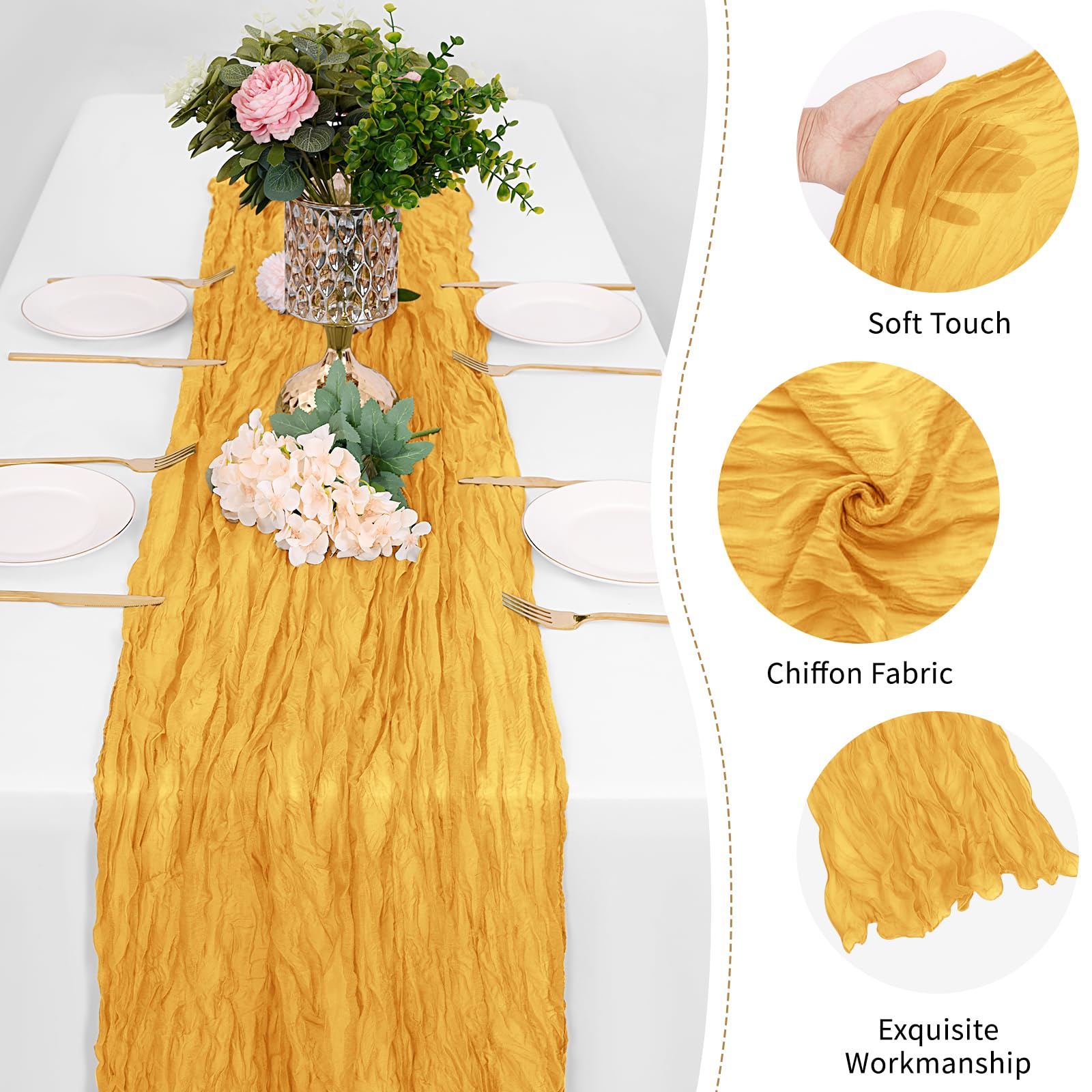 FANTEKE gold cheesecloth runner drapes over dessert tables