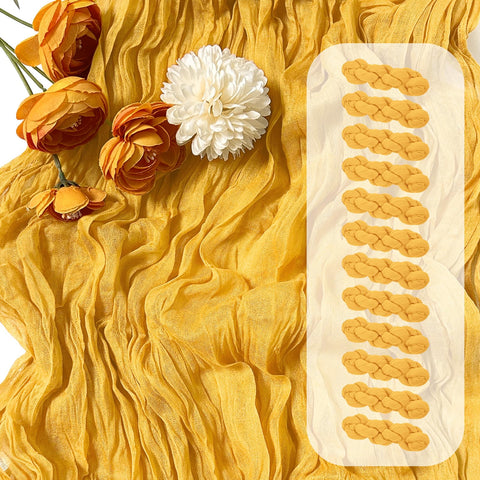 FANTEKE gold cheesecloth table runner on a table with elegant drape for weddings
