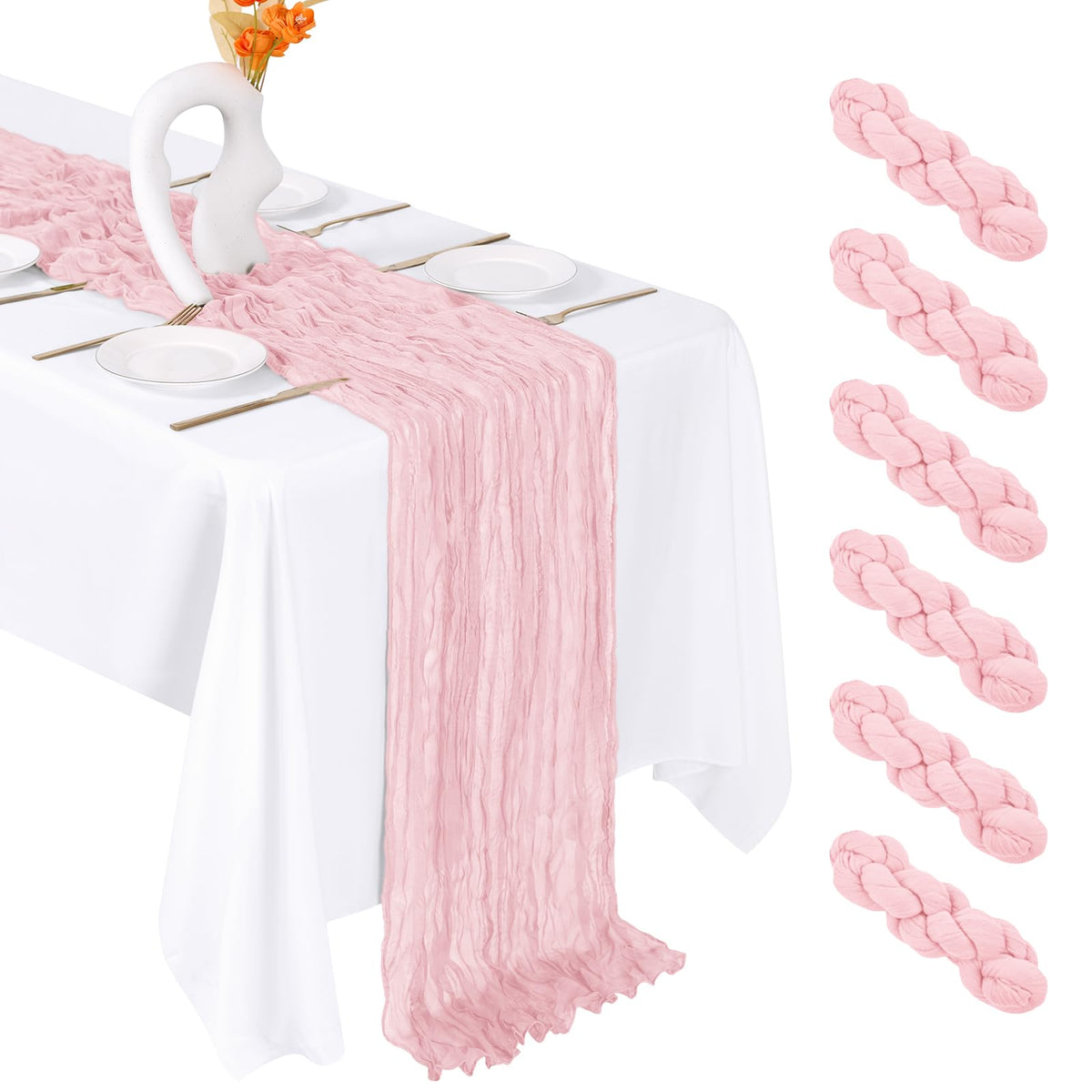 FANTEKE light pink cheesecloth table runner, front view adds elegant drama to wedding tables