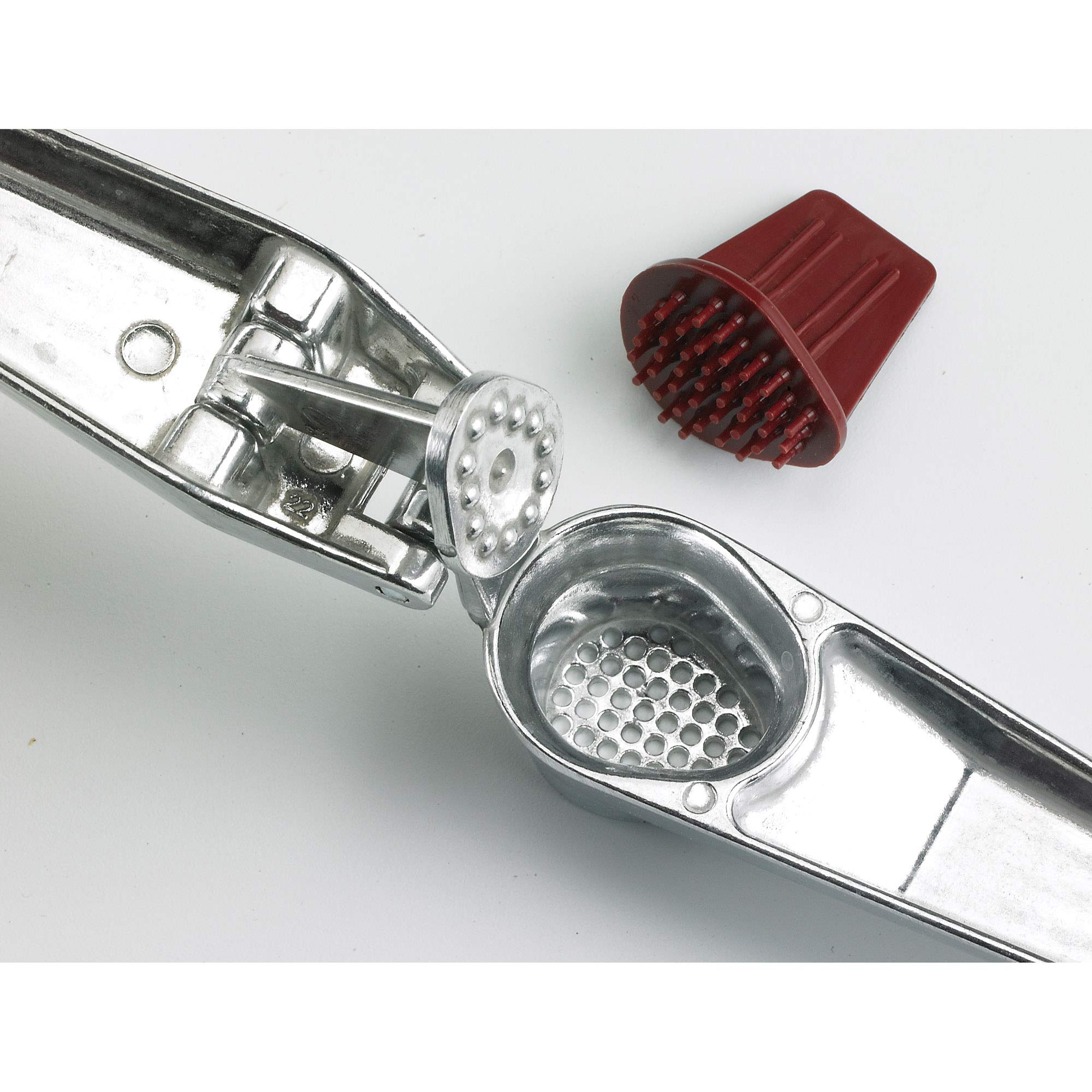 Fante's garlic press holds a garlic clove for skin-on prep.