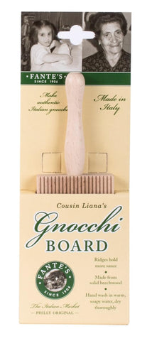 Fante's gnocchi board with handle and angled view for steady shaping.