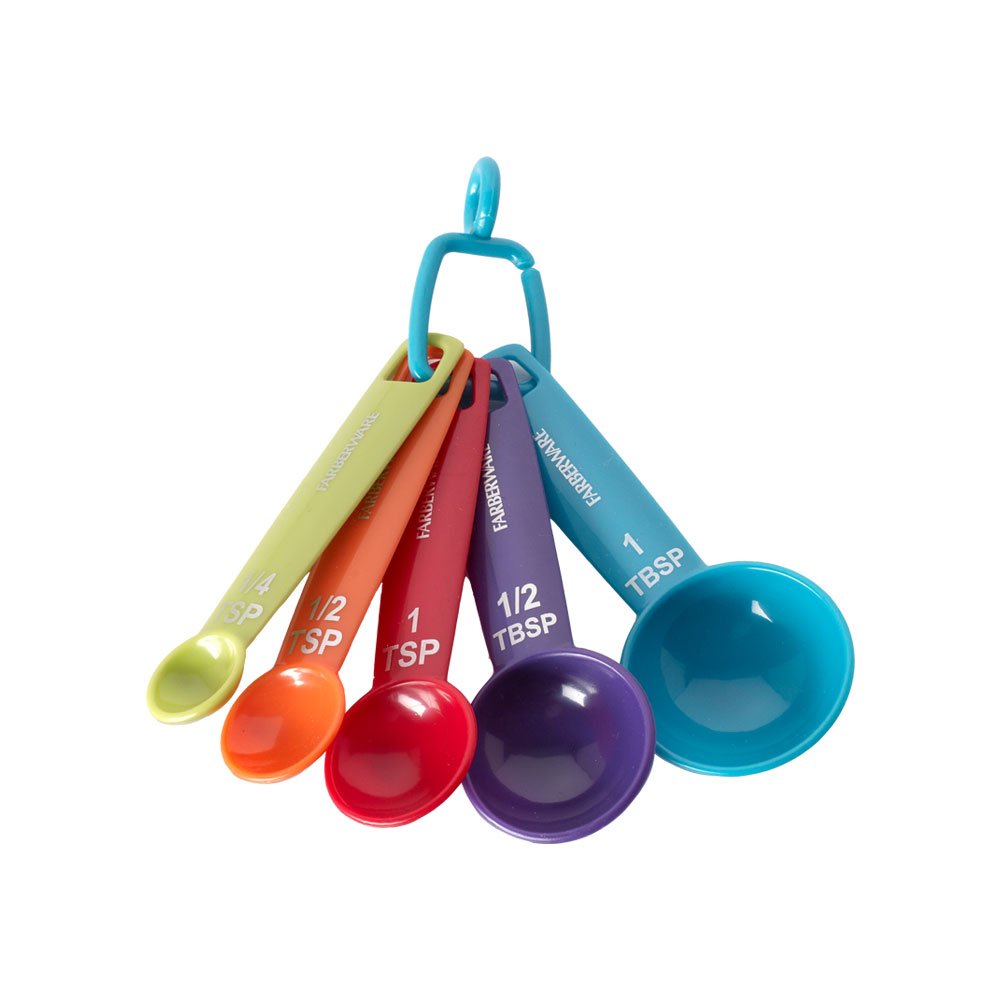 Colorful Farberware measuring set stacked neatly with ring organizer for quick kitchen organization.
