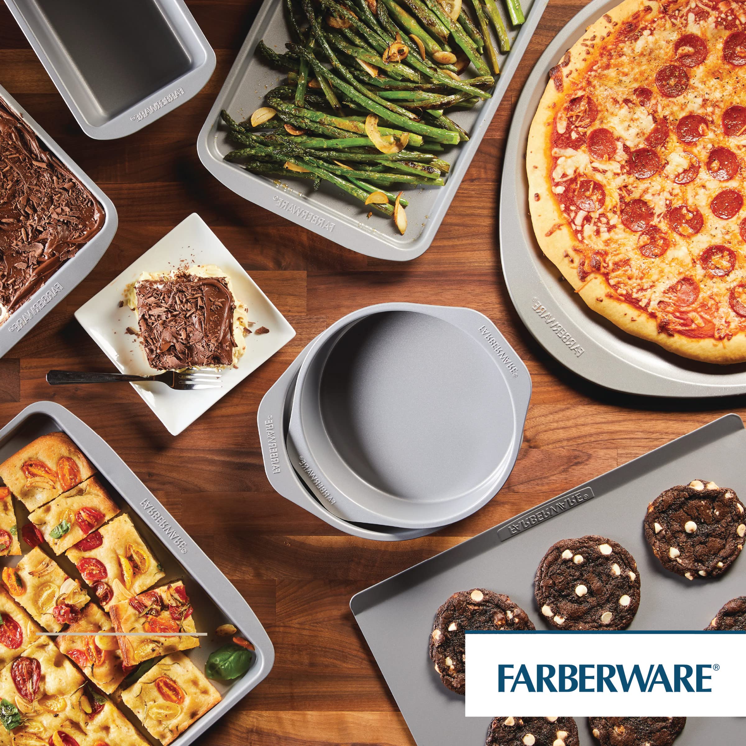 Farberware GoldenBake loaf pan heavy-gauge steel for warp-resistant durability.