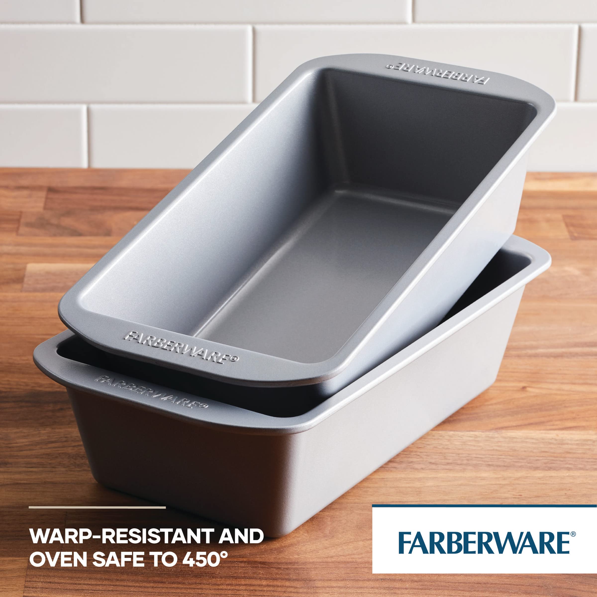 Farberware GoldenBake loaf pan two pan set for double batch baking.