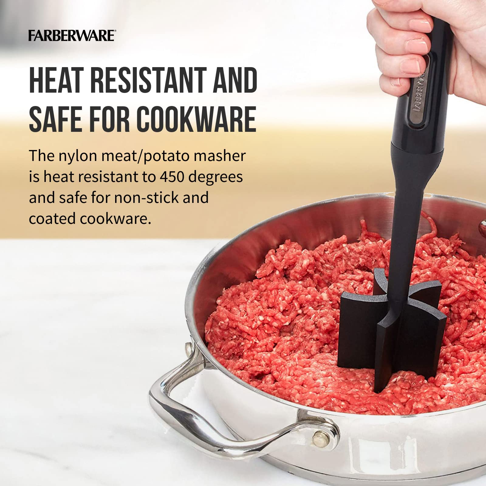 Farberware dishwasher-safe masher cleans quickly after meals.