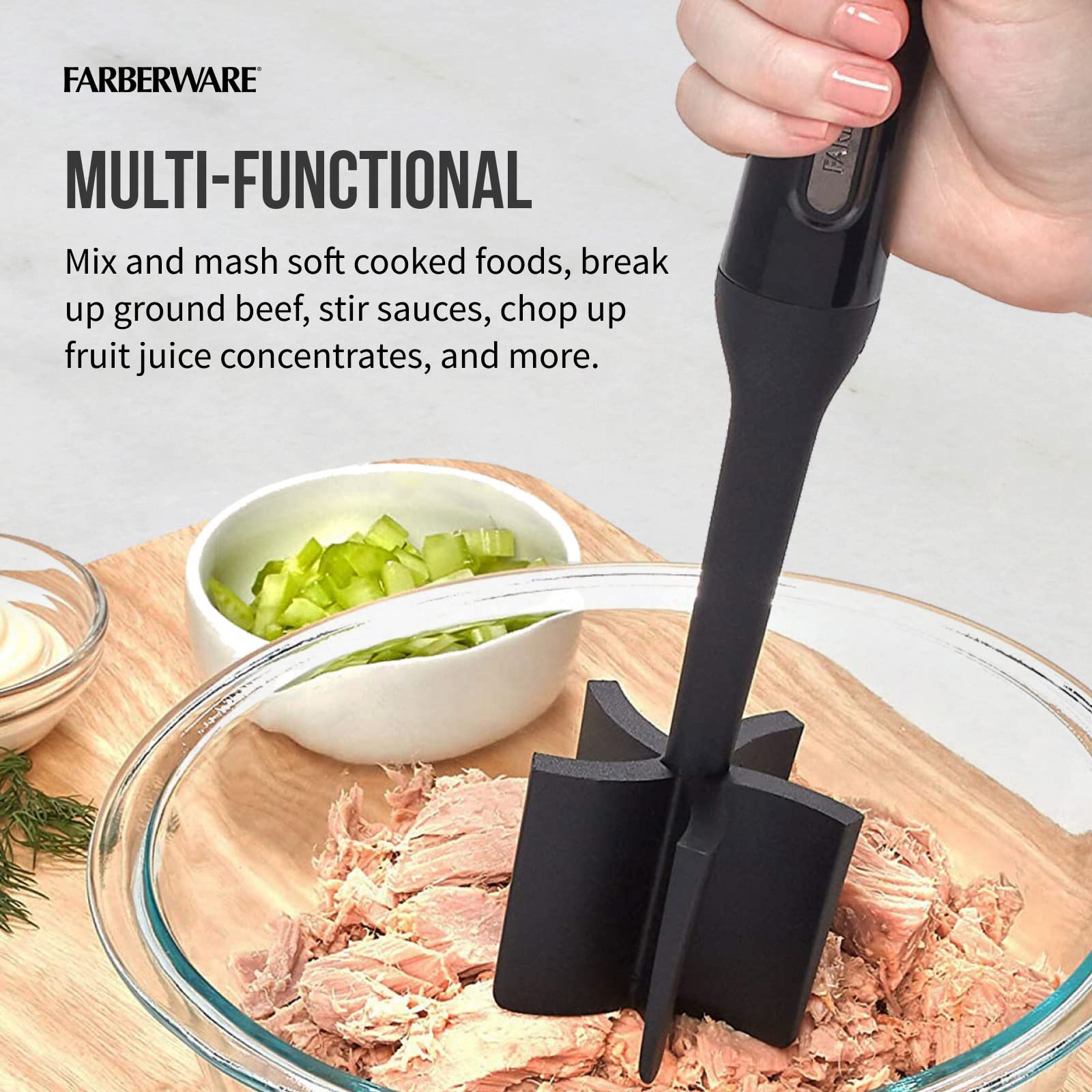 Farberware masher ergonomic handle provides slip-resistant control.
