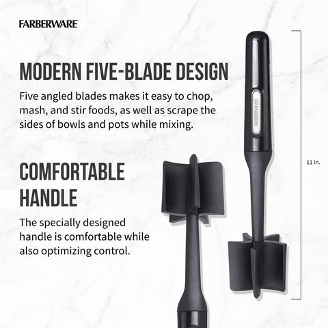 Farberware masher edges reach corners to ensure even texture.