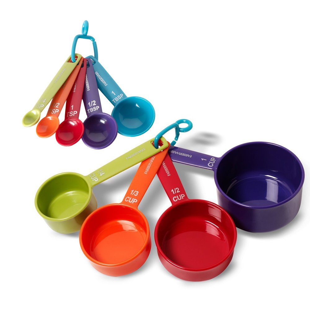 Farberware measuring cups and spoons in a colorful nesting set for precise baking prep.