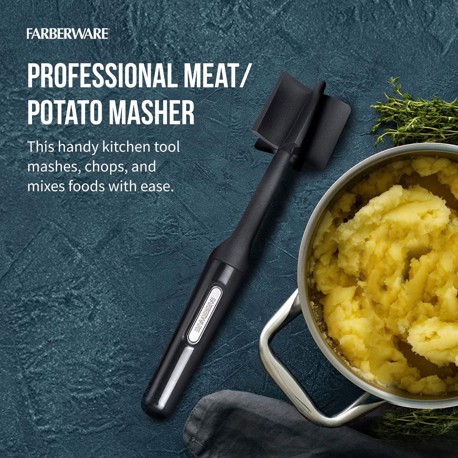 Farberware nylon masher heat-resistant to 450°F for safe direct-pot mashing.