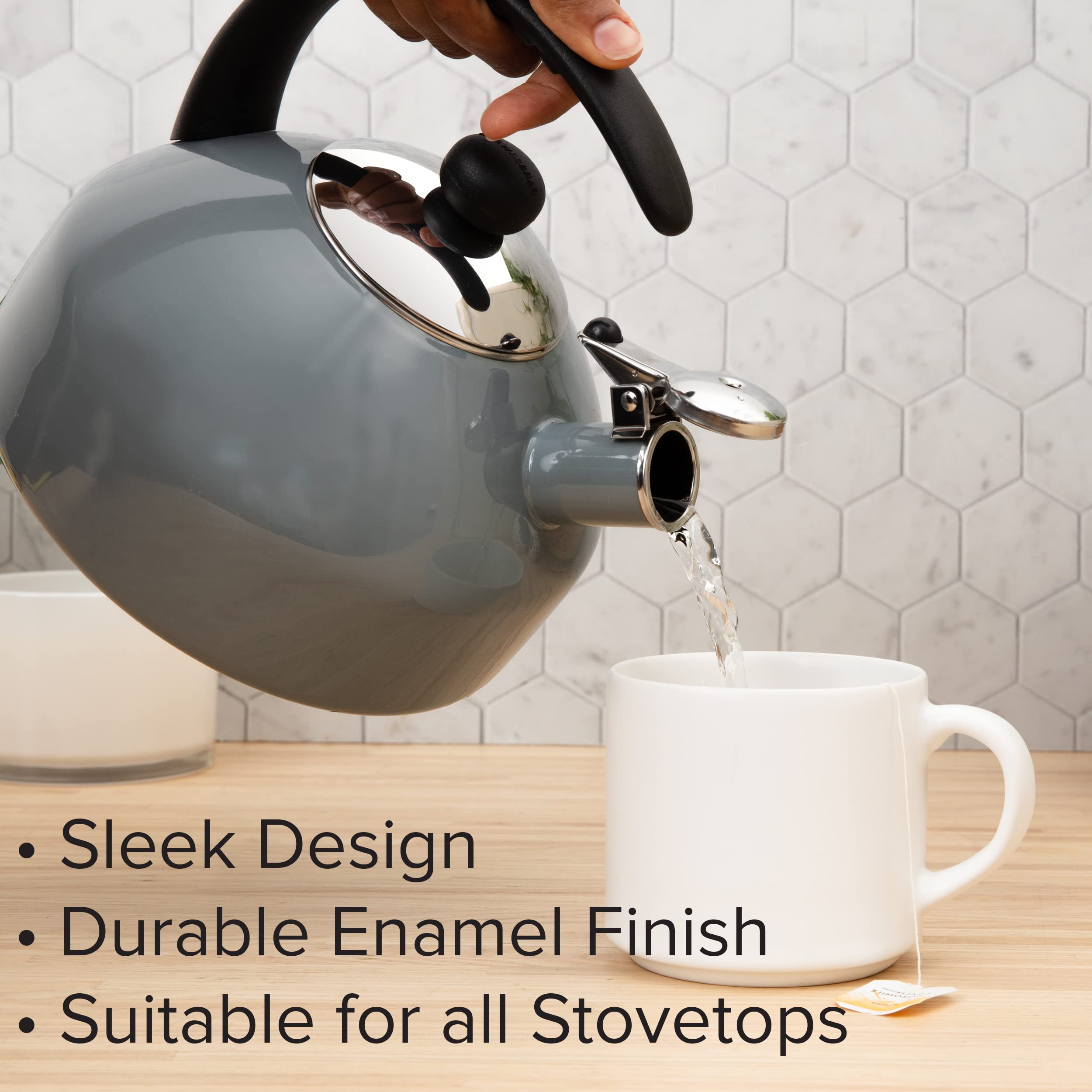 Farberware Omega tea kettle pour spout for smooth, measured pouring