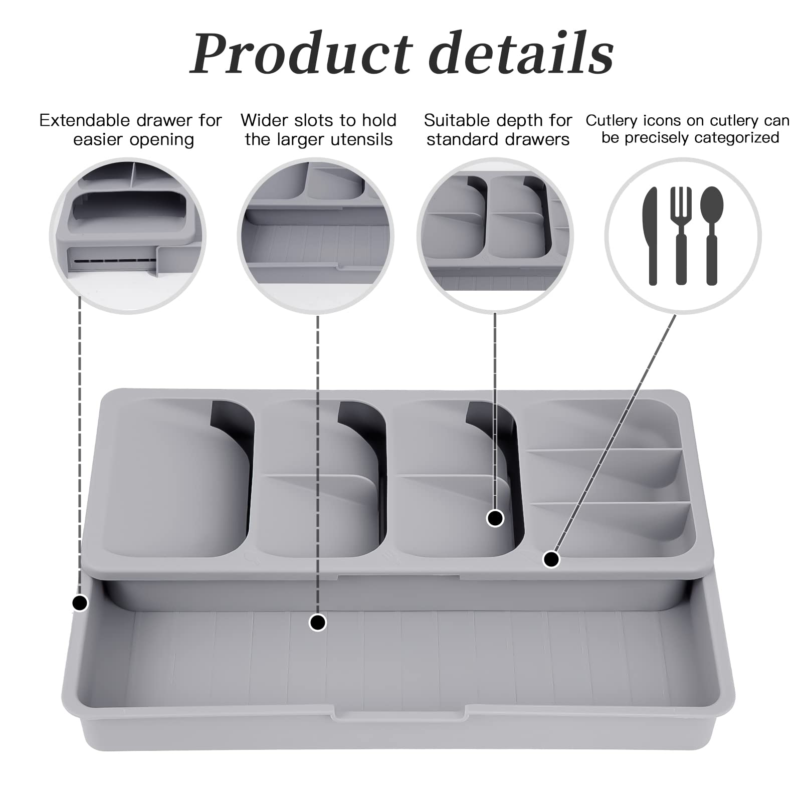 Faridabio expandable cutlery tray showing adjustable compartments for different utensils.