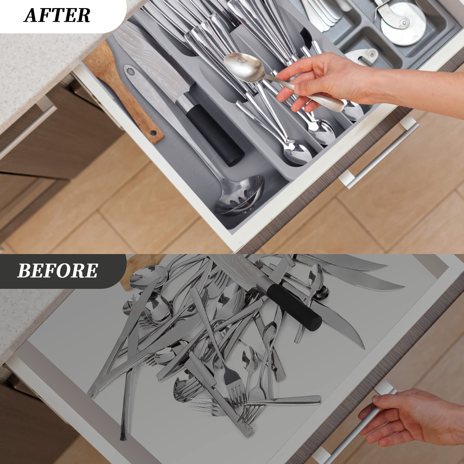 Faridabio five angled compartments align flatware for quick retrieval.