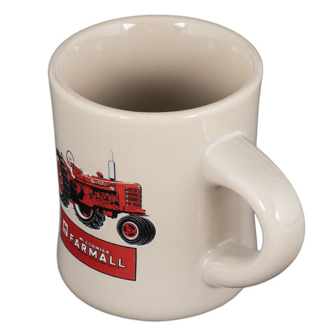 Farmall mug close-up showing vintage tractor art for nostalgic kitchen decor.