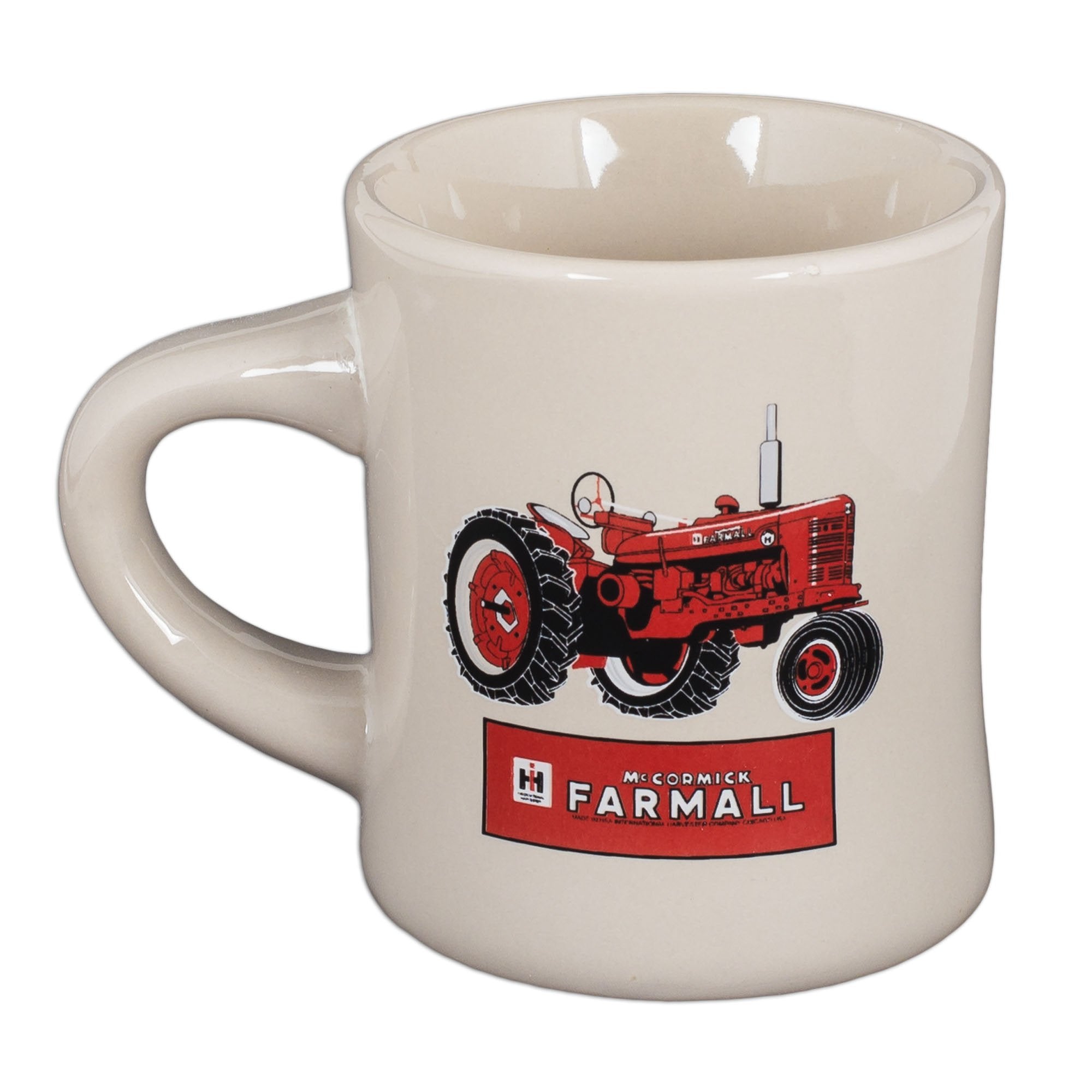 Farmall stoneware diner mug with white glaze and red tractor image, ideal for coffee.