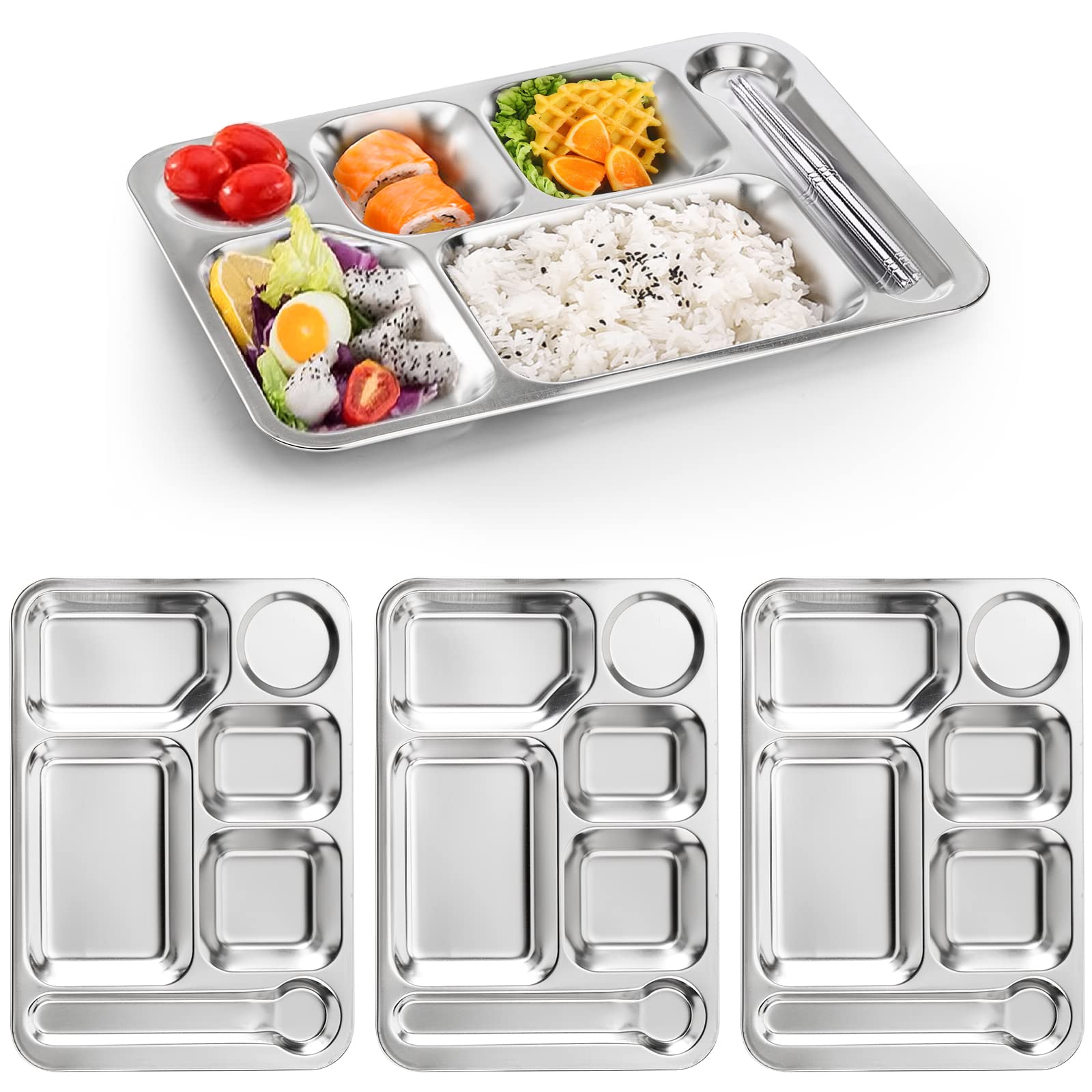 Fasmov rectangular divided dinner tray top view, four trays, ideal for portion control and organized meals.