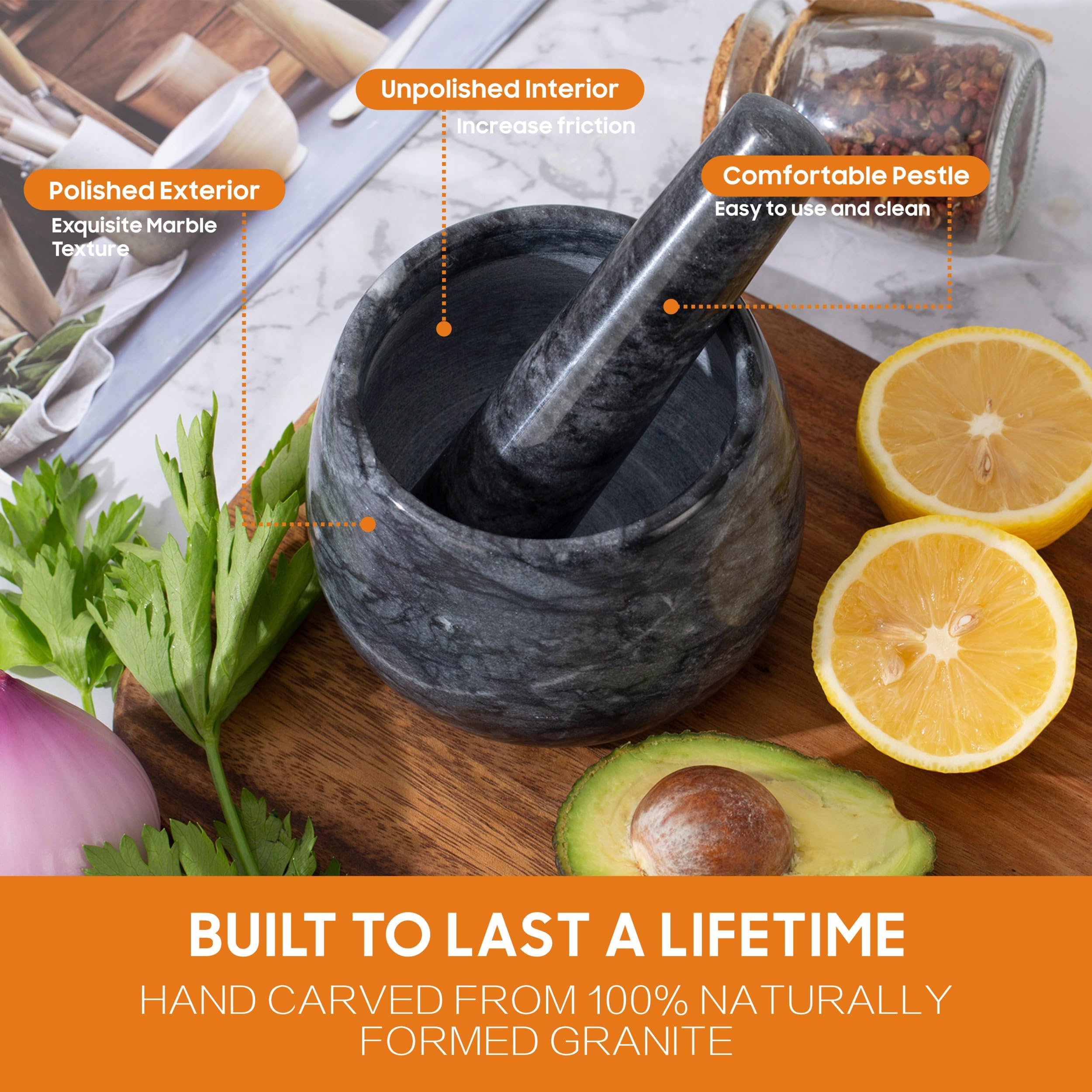Fasolahome multi-purpose marble mortar ideal for garlic, nuts, and herbs.