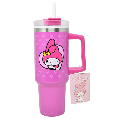 Fast Forward Hello Kitty 40oz tumbler in pink-mel, keeps drinks hot or cold for hours.