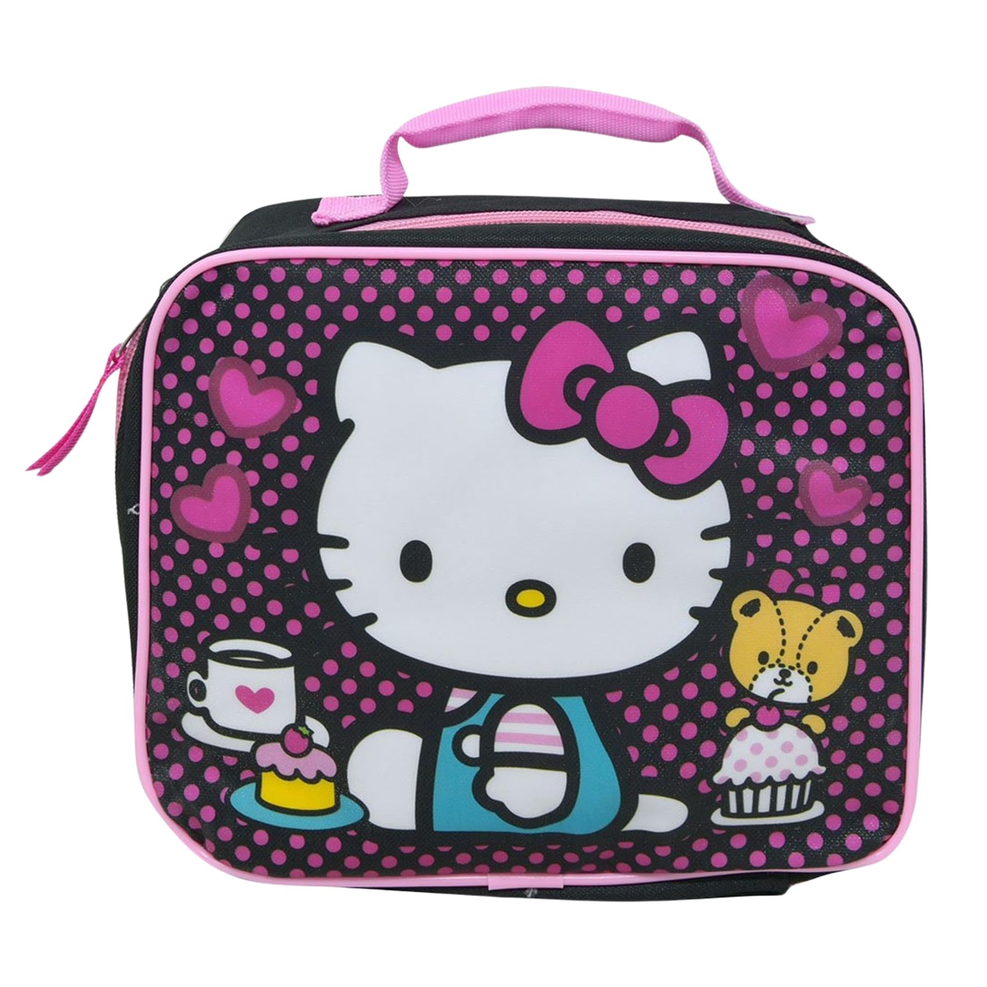 Fast Forward Hello Kitty lunch bag, top view, stylish black design for school days.