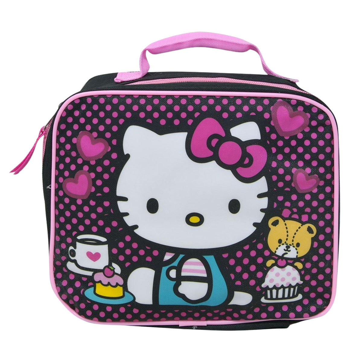 Fast Forward Hello Kitty lunch bag, top view, stylish black design for school days.