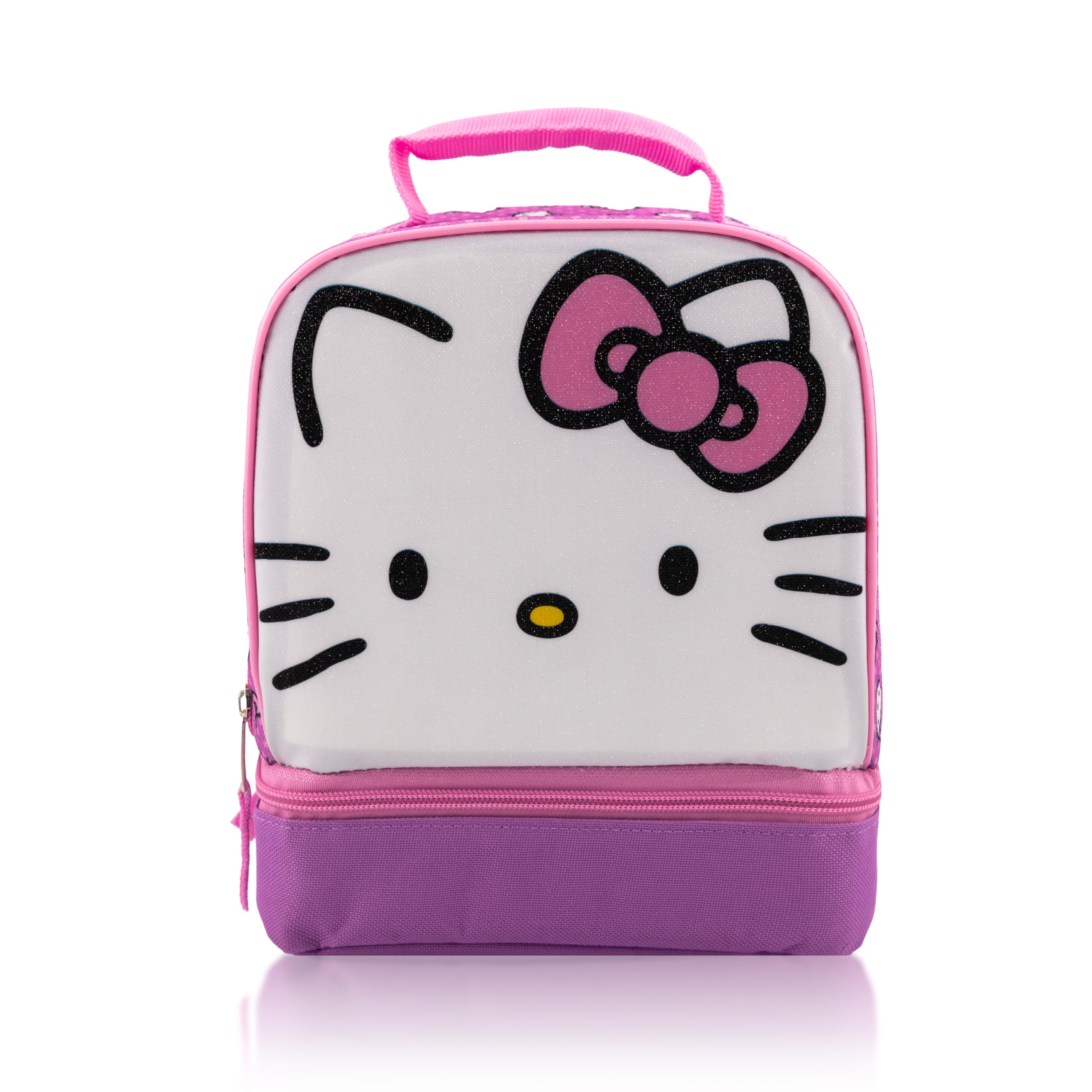 Fast Forward Hello Kitty lunch box front view in pink, built sturdy for daily school lunches.