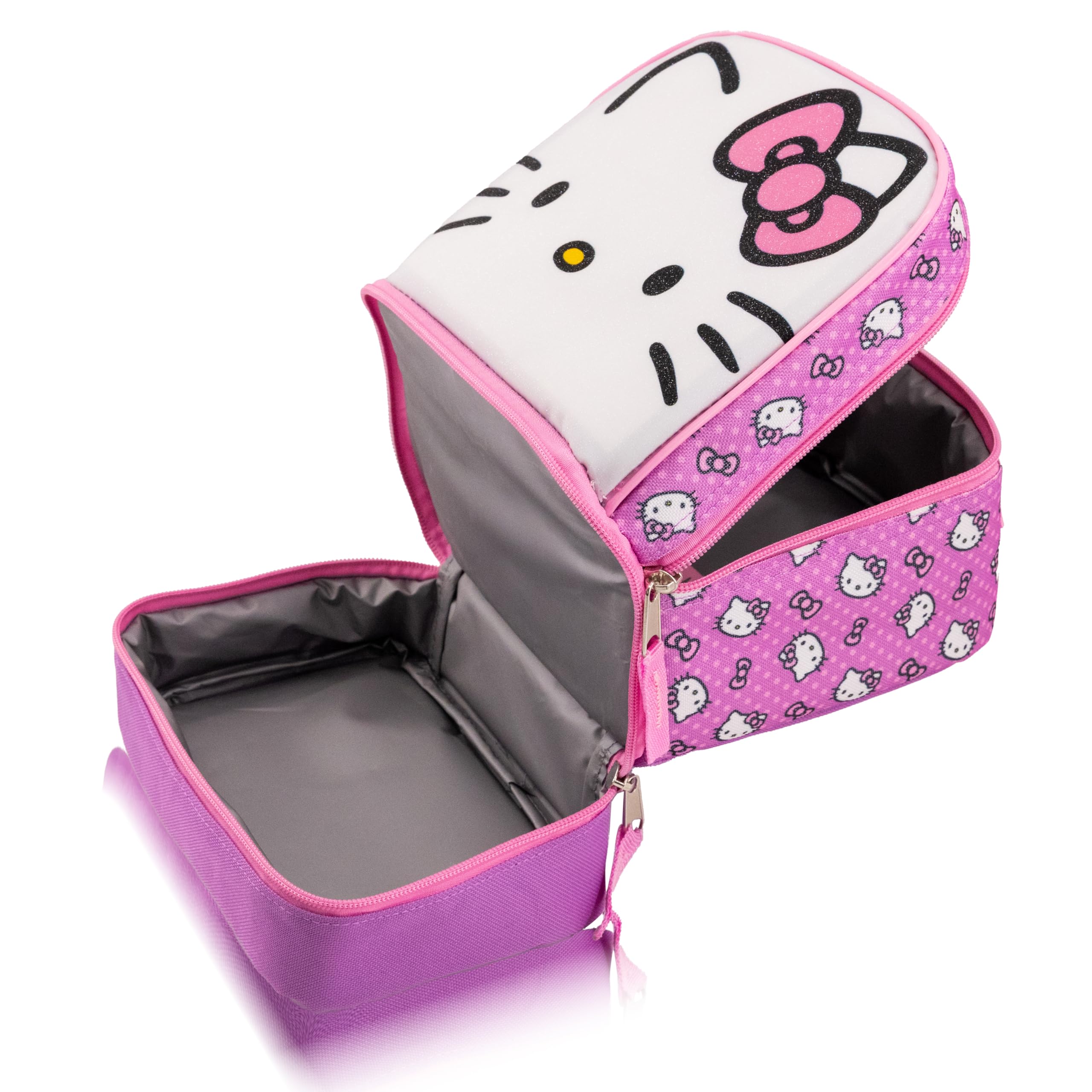 Fast Forward Hello Kitty lunch box open inside highlights roomy space for sandwiches and snacks.