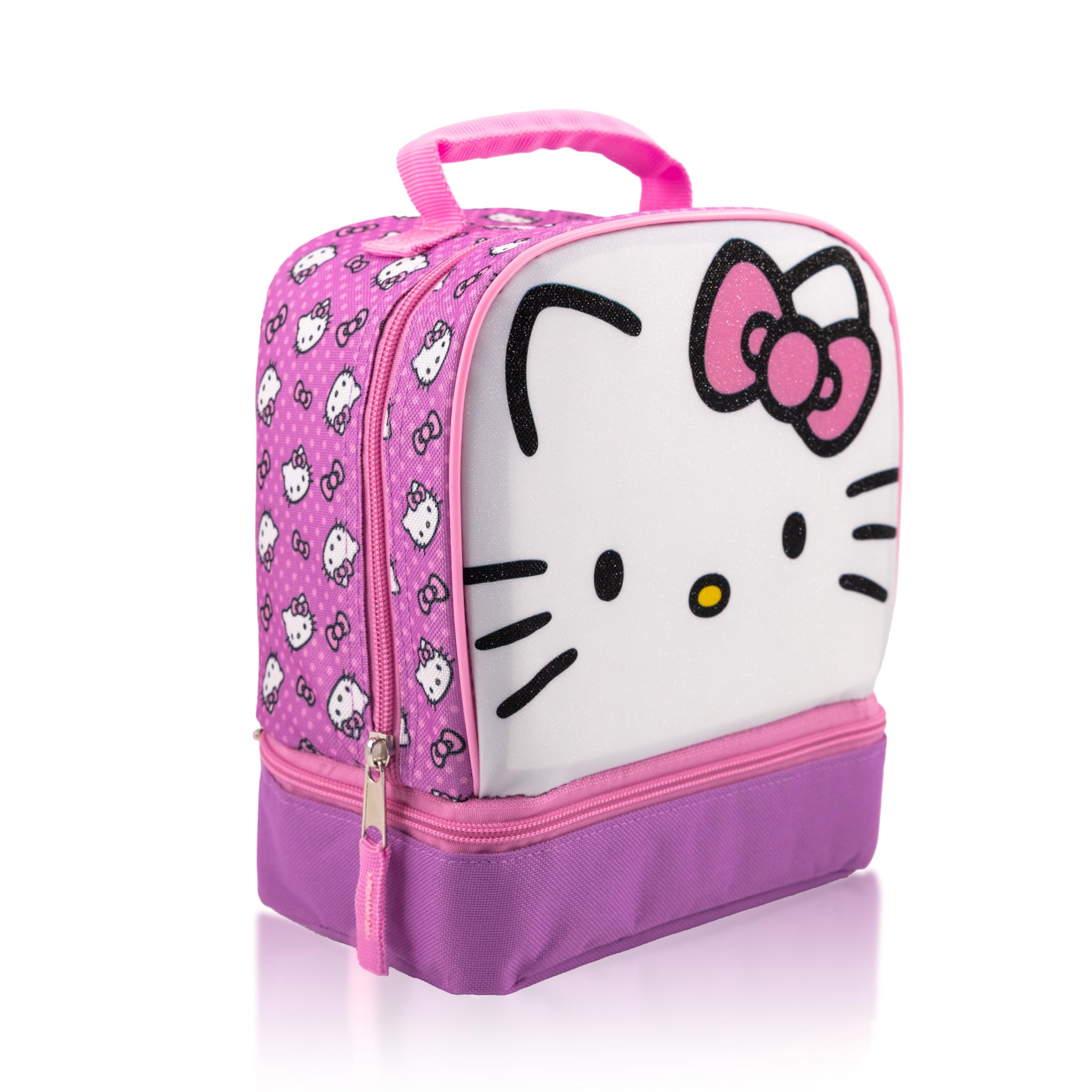 Fast Forward Hello Kitty lunch box side view shows slim profile for easy backpack storage.
