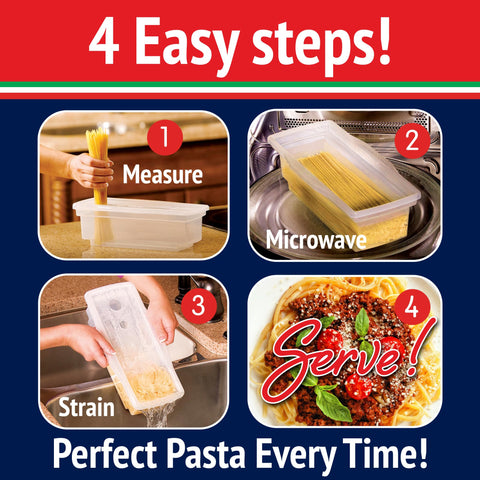 Fasta Pasta built-in strainer for easy draining after cooking pasta