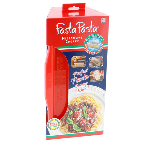 Fasta Pasta USA-made red cooker emphasizes quality.