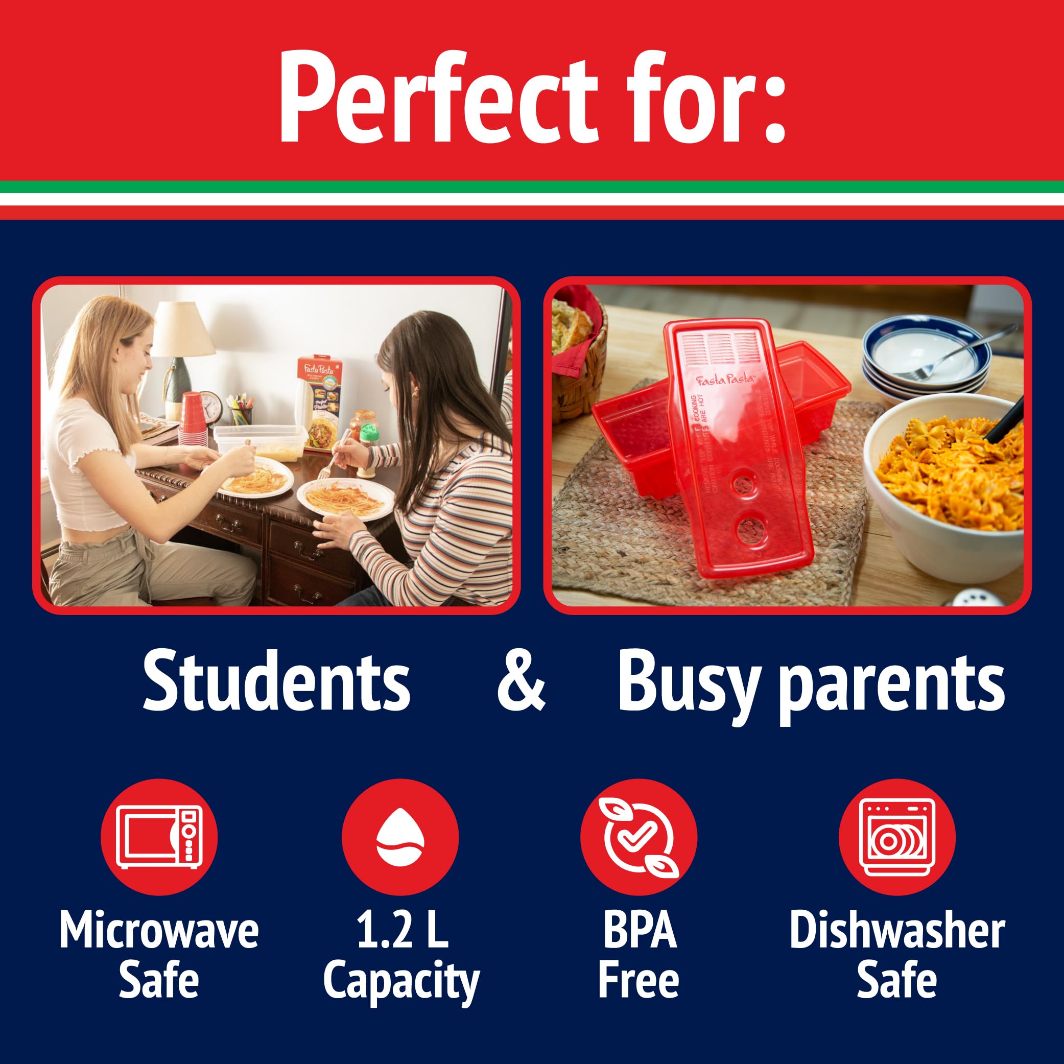 Fasta Pasta measuring cup and container simplify timing.