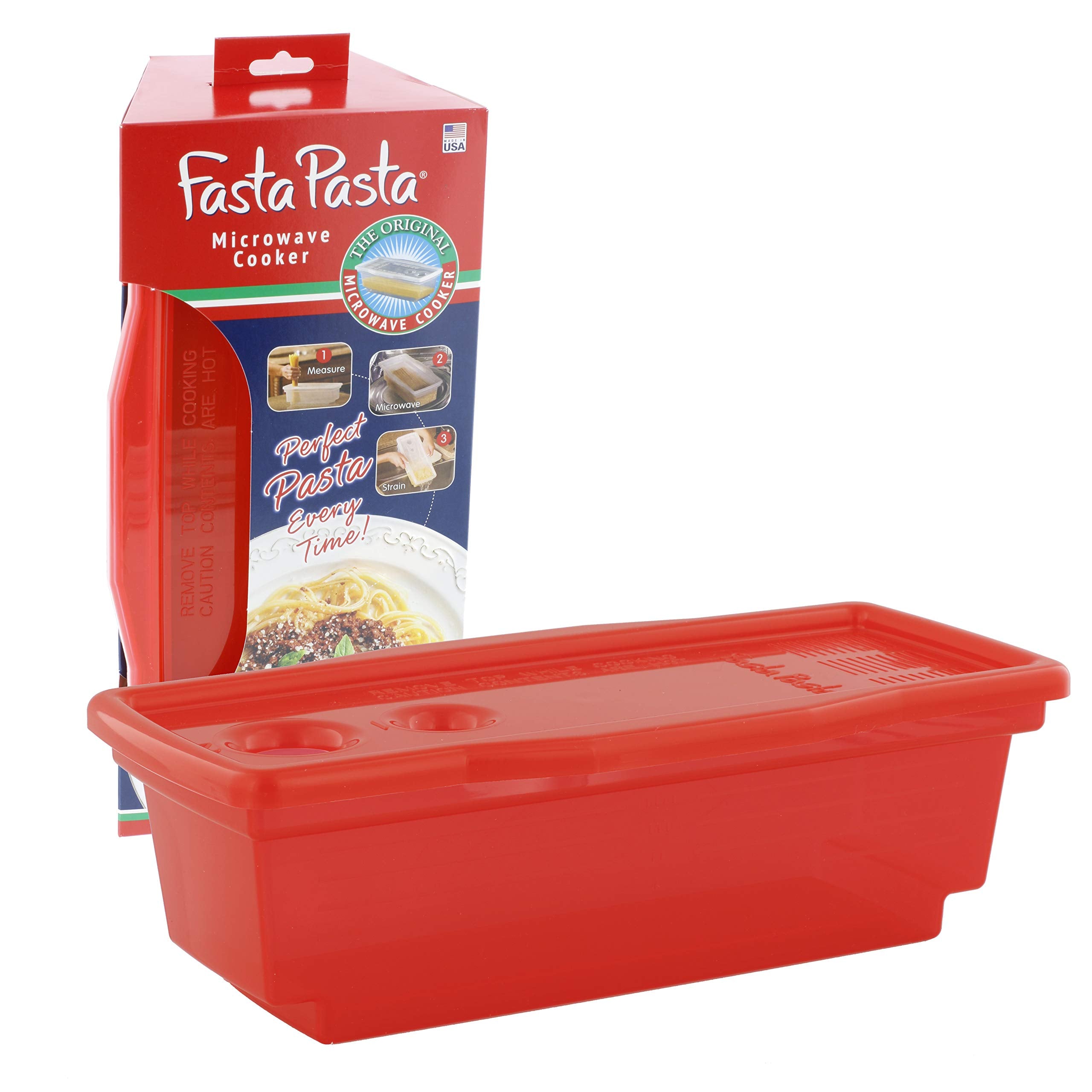 Fasta Pasta microwave cooker in red front view for quick meals.