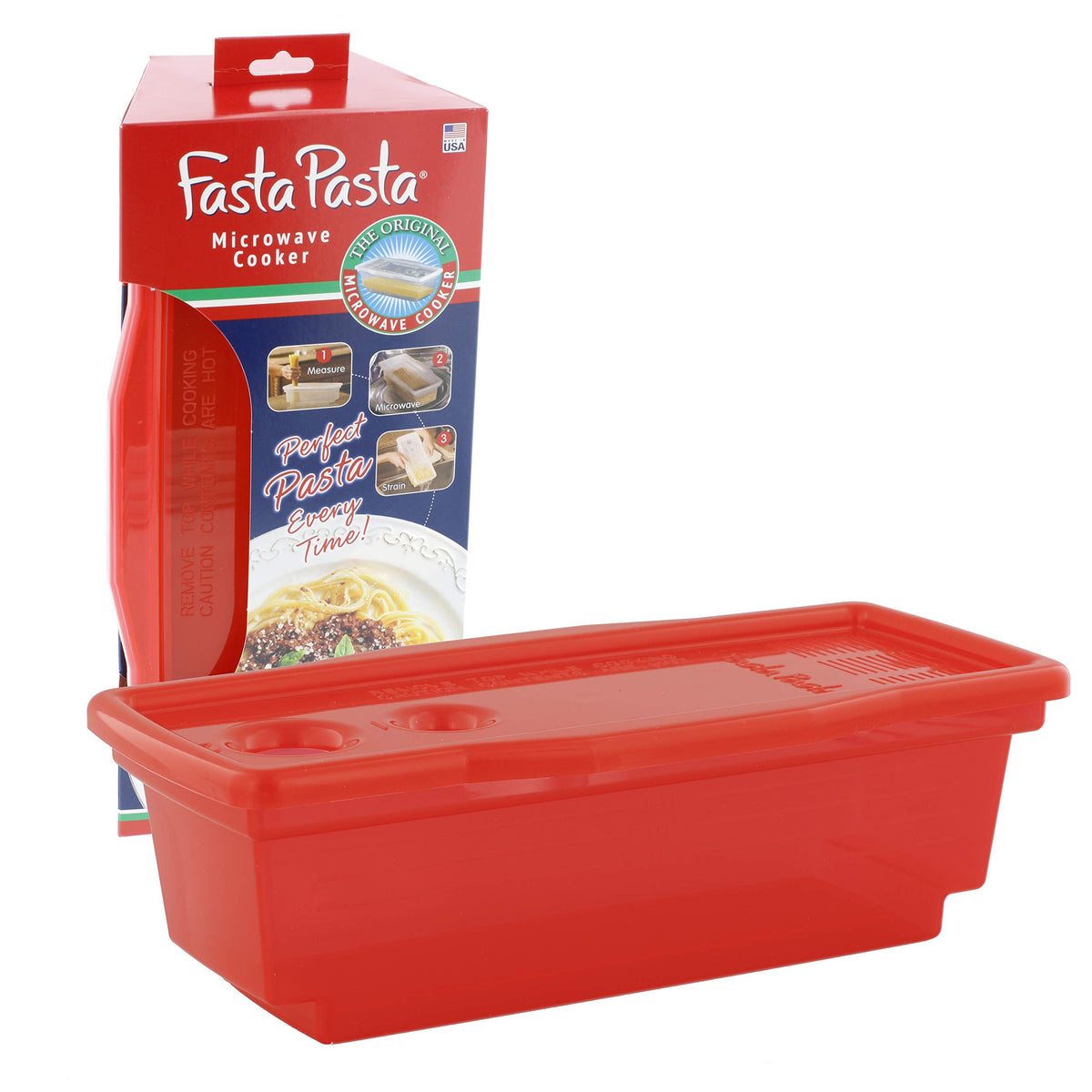 Fasta Pasta microwave cooker in red front view for quick meals.