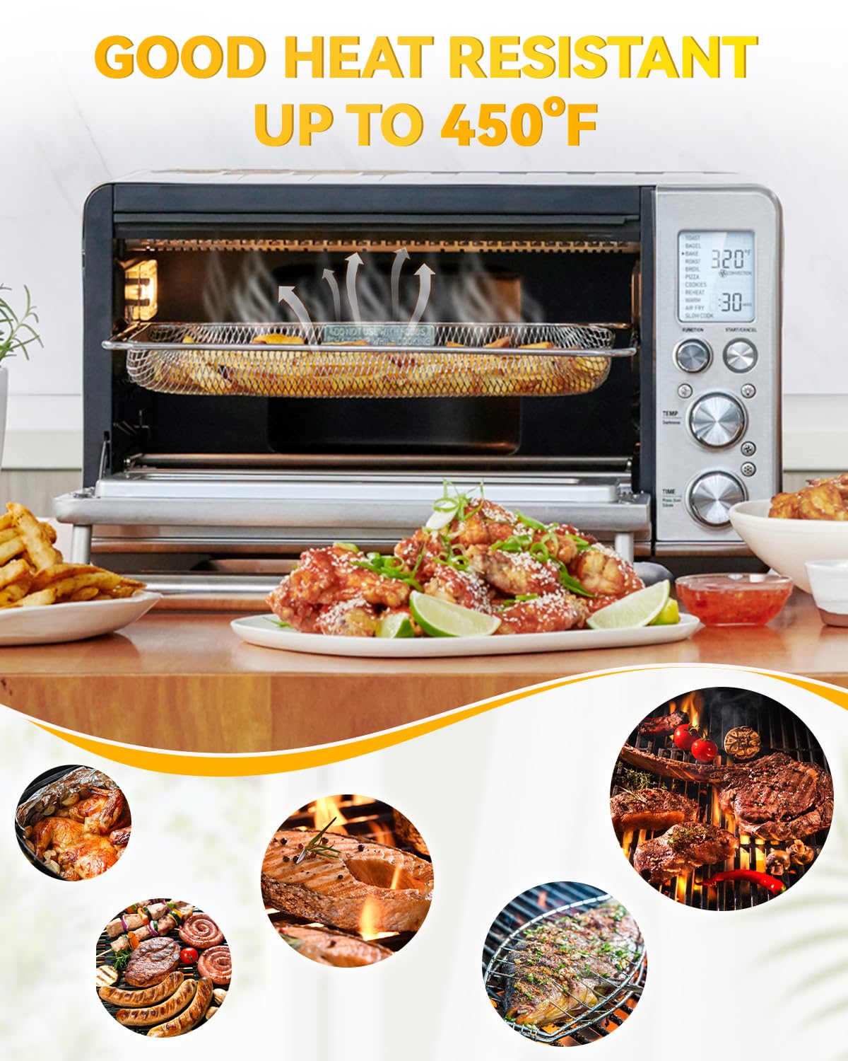 Fastand even heat airflow mesh basket demonstrates crisp, evenly cooked results