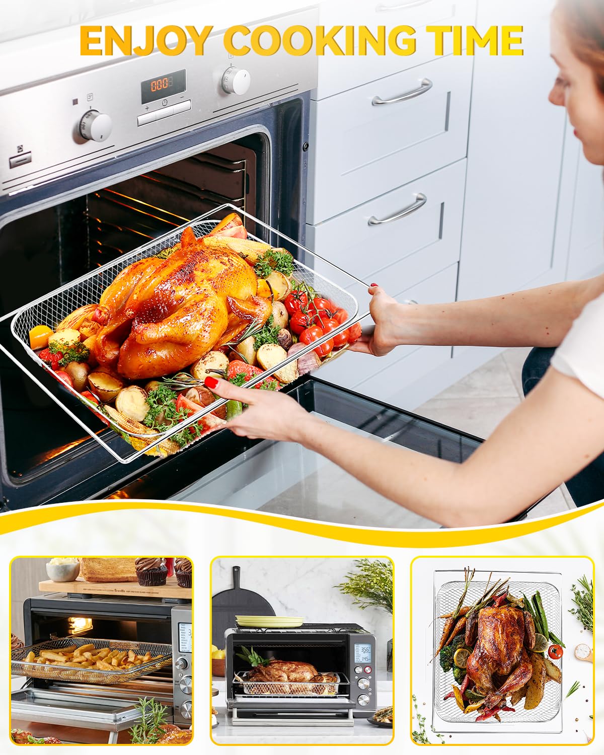 Fastand high-heat 450F mesh basket in use for versatile air frying