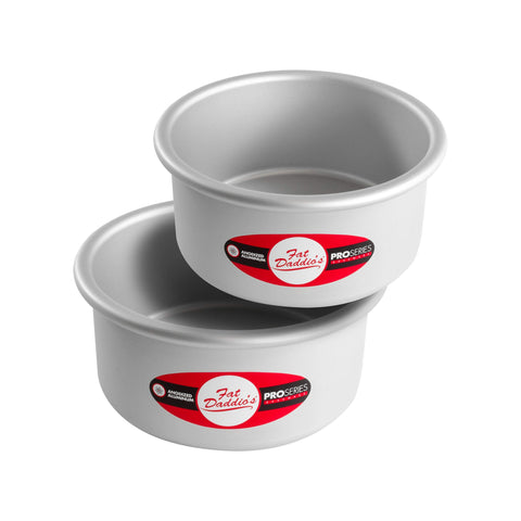 Fat Daddio's anodized round cake pan bottom close-up showing solid, rust-resistant construction.