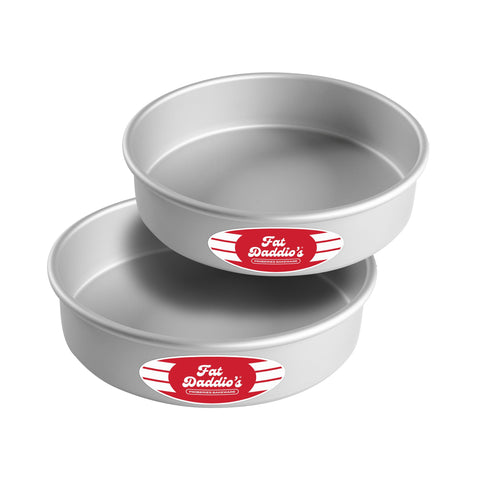 Fat Daddio's anodized round cake pan 8x2 outer view with sturdy construction.