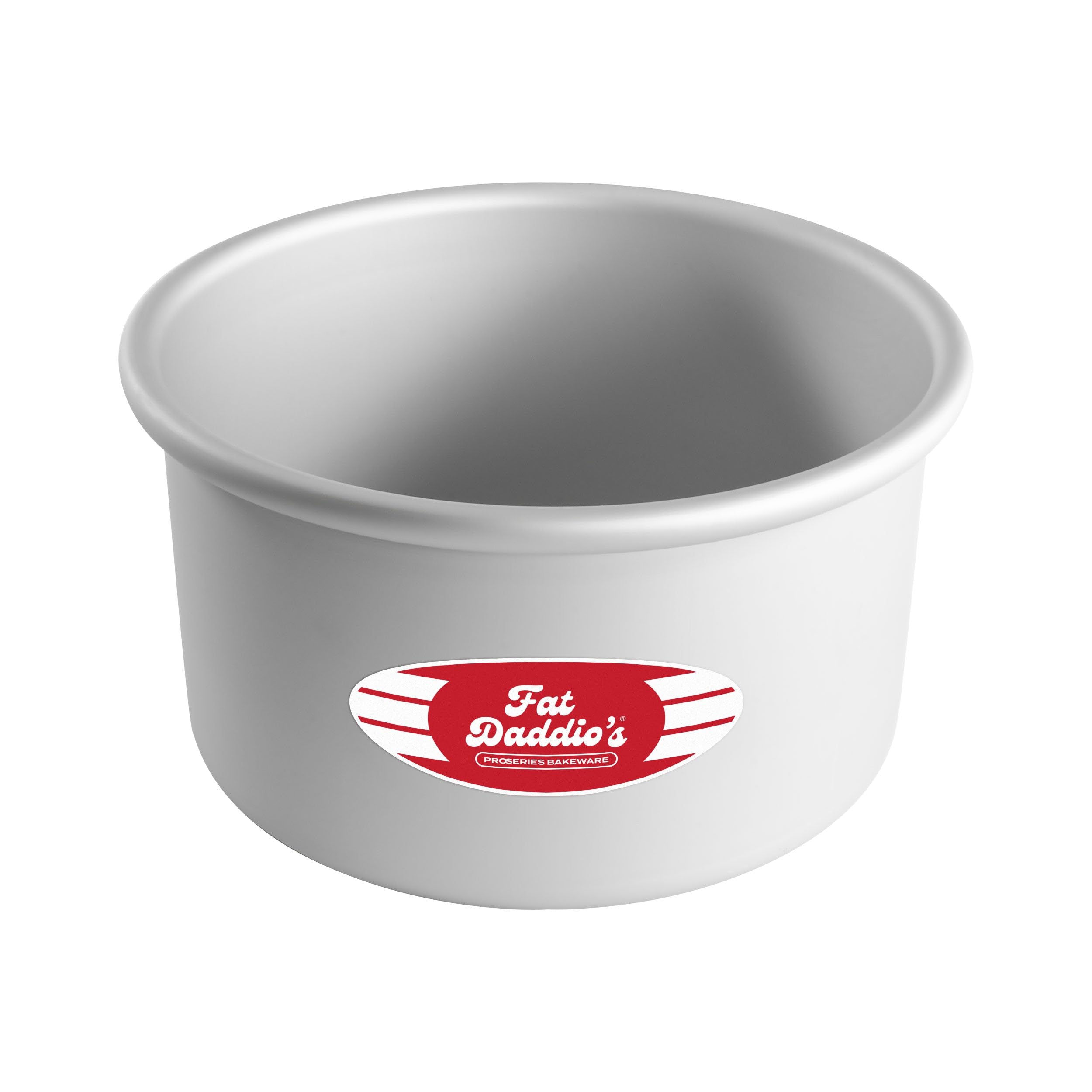 Fat Daddio's anodized round cake pan front view, showing durable 16-gauge construction.
