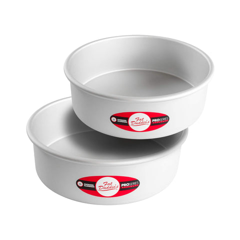 Fat Daddio's anodized round cake pan interior for even heat and release.