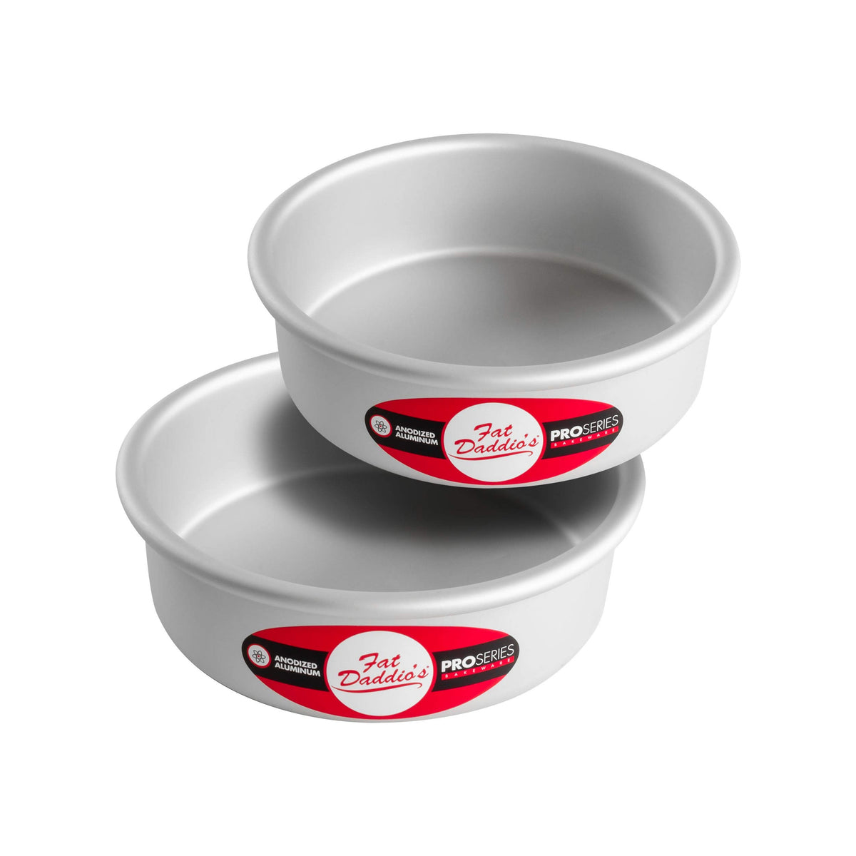 Fat Daddio's anodized round cake pans top view for even heat and clean release.