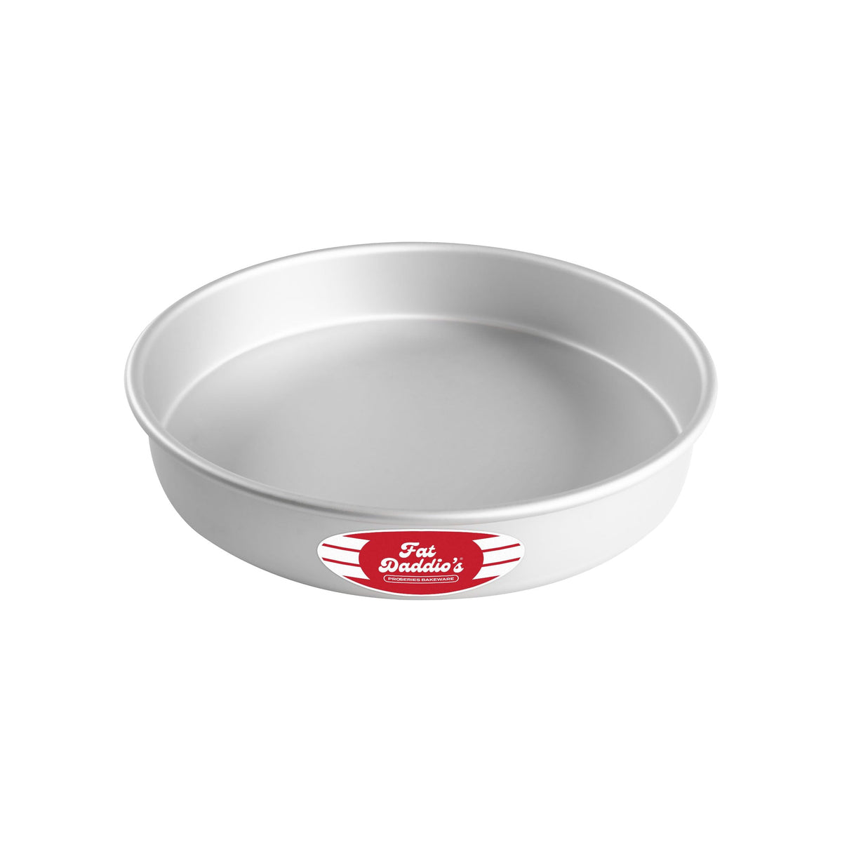 Fat Daddio's round cake pan exterior highlights 11x2 size for even, consistent baking.