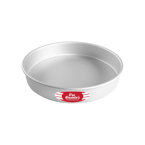 Fat Daddio's round cake pan exterior highlights 11x2 size for even, consistent baking.