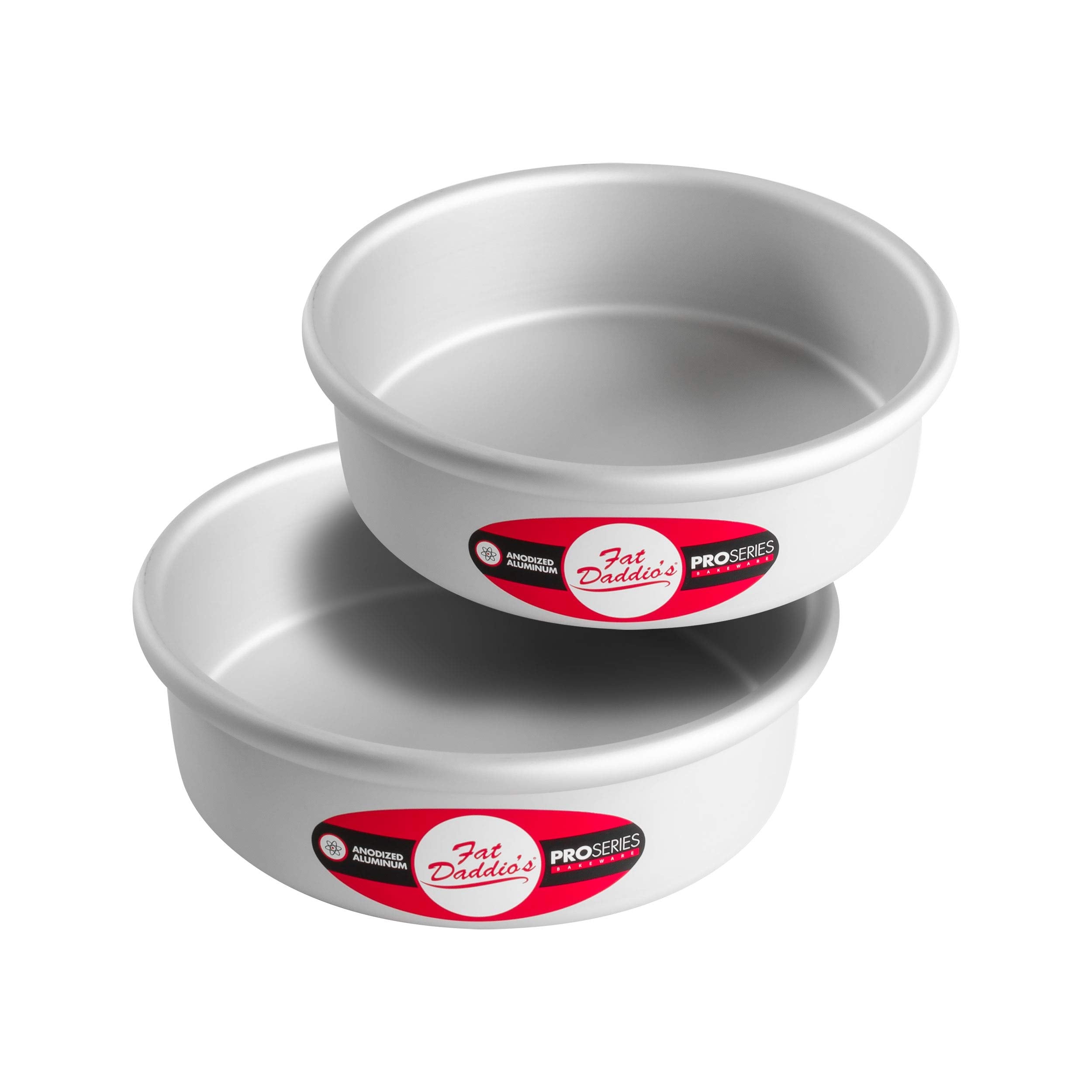 Fat Daddio's round cake pan front view shows solid anodized aluminum for reliable even baking