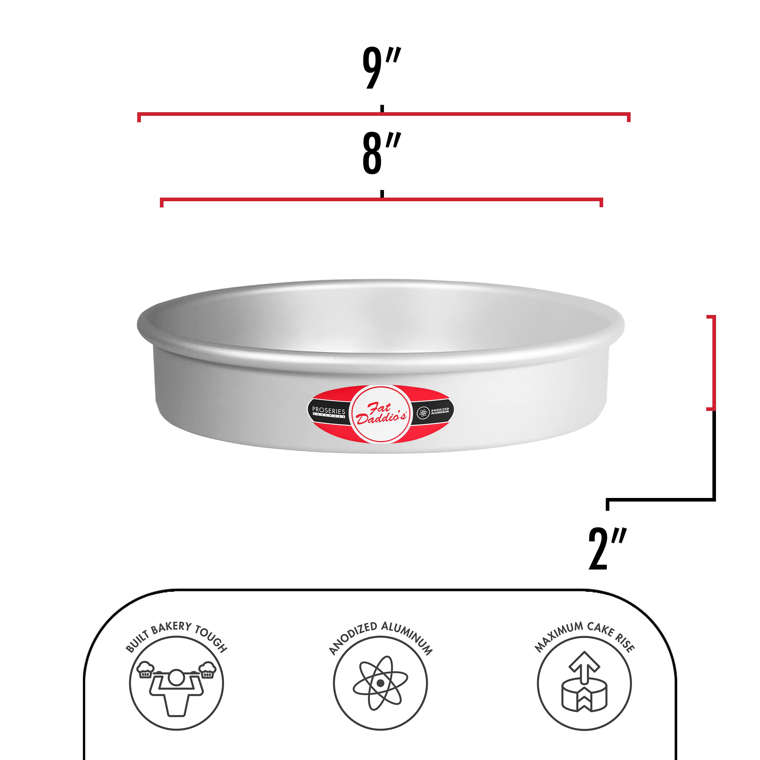 Solid-bottom Fat Daddio's round cake pan emphasizing durability and reliability.