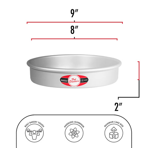 Solid-bottom Fat Daddio's round cake pan emphasizing durability and reliability.