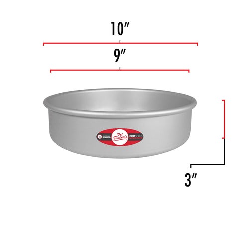 Fat Daddio's round cake pan solid bottom provides stable support for layers.