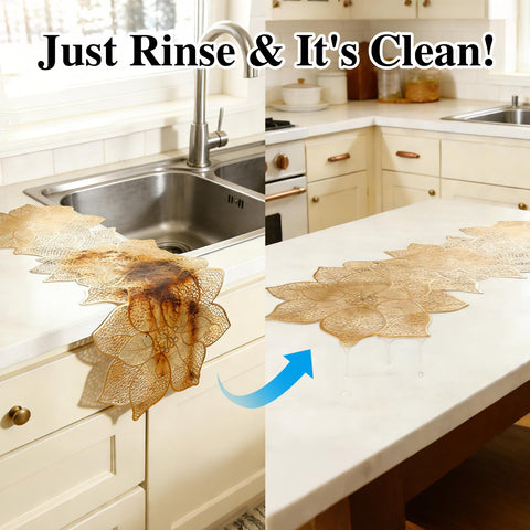 FAVE easy-clean table runner, quick wipe-down with towel.