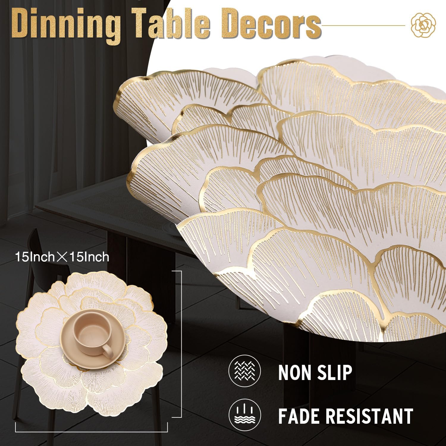 Stain-resistant non-slip surface of FAVE placemats in gold