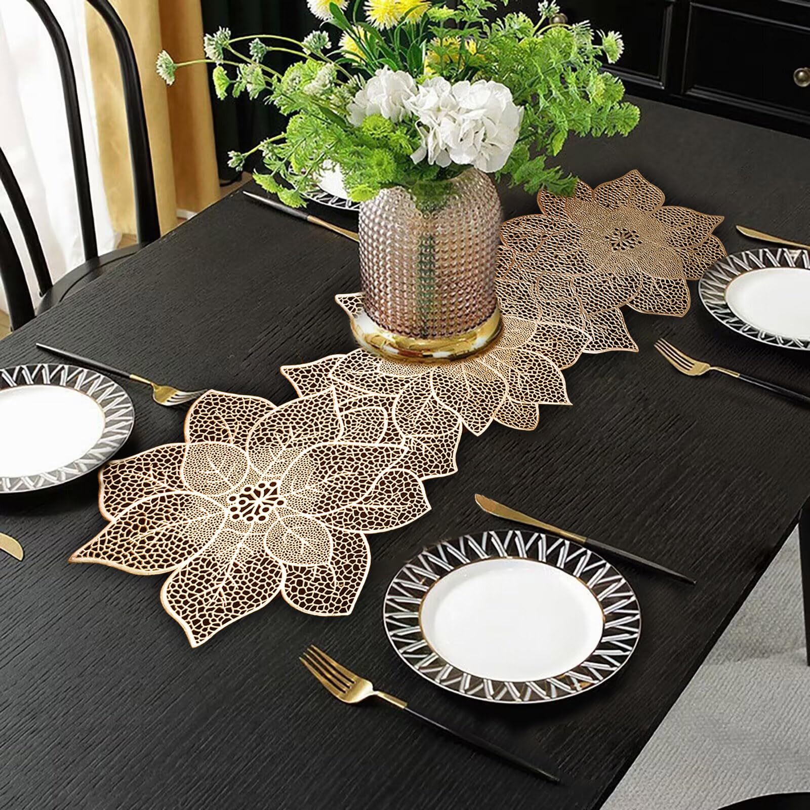 FAVE gold flower-shaped table runner, 36in, adds festive elegance to weddings or banquets.