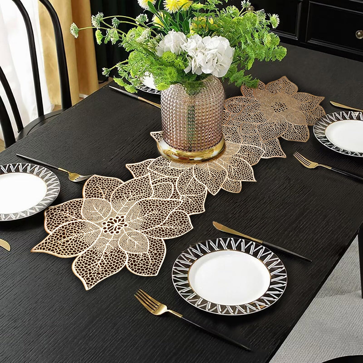 FAVE gold flower-shaped table runner, 36in, adds festive elegance to weddings or banquets.